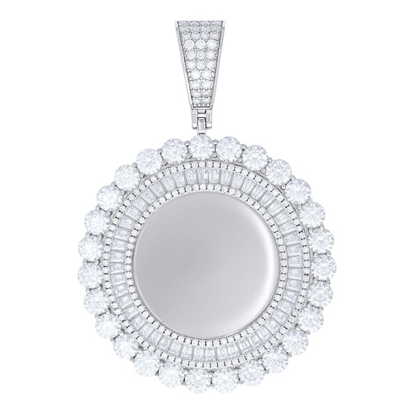 925 Sterling Silver RND Baguette CZ Memory Circle Photo Frame Charm Pendant